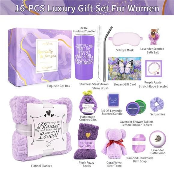 Gifts for Women Spa Basket, Lavender Spa Gift Basket,16 Pcs Self Care Package - Picture 2 of 7